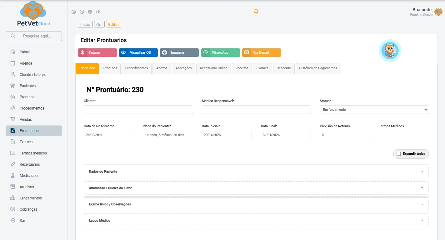 Tela do prontuário veterinário online do PetVet Cloud
